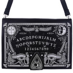 Cartera Ouija Bolso firme hecho de cuero sintético sólido. En el frente hay una impresión enorme y detallada de una Ouija. Debajo de la tapa hay un botón de imán y una cremallera para mantenerlo bien cerrado En el interior hay un forro negro y suave con dos bolsillos (abierto y con cremallera). La bolsa viene con una correa ajustable.